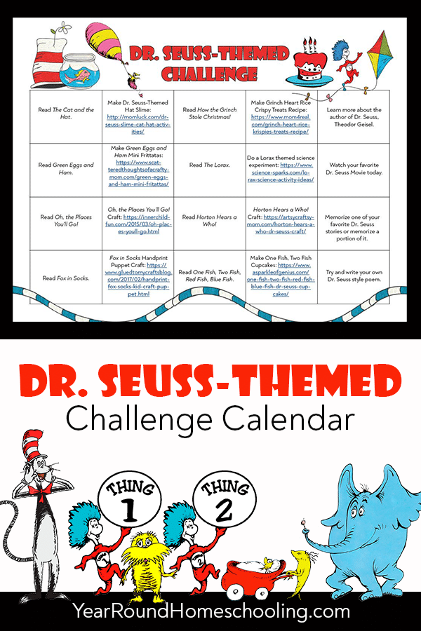 Printable Dr. Seussthemed Challenge Calendar Year Round Homeschooling